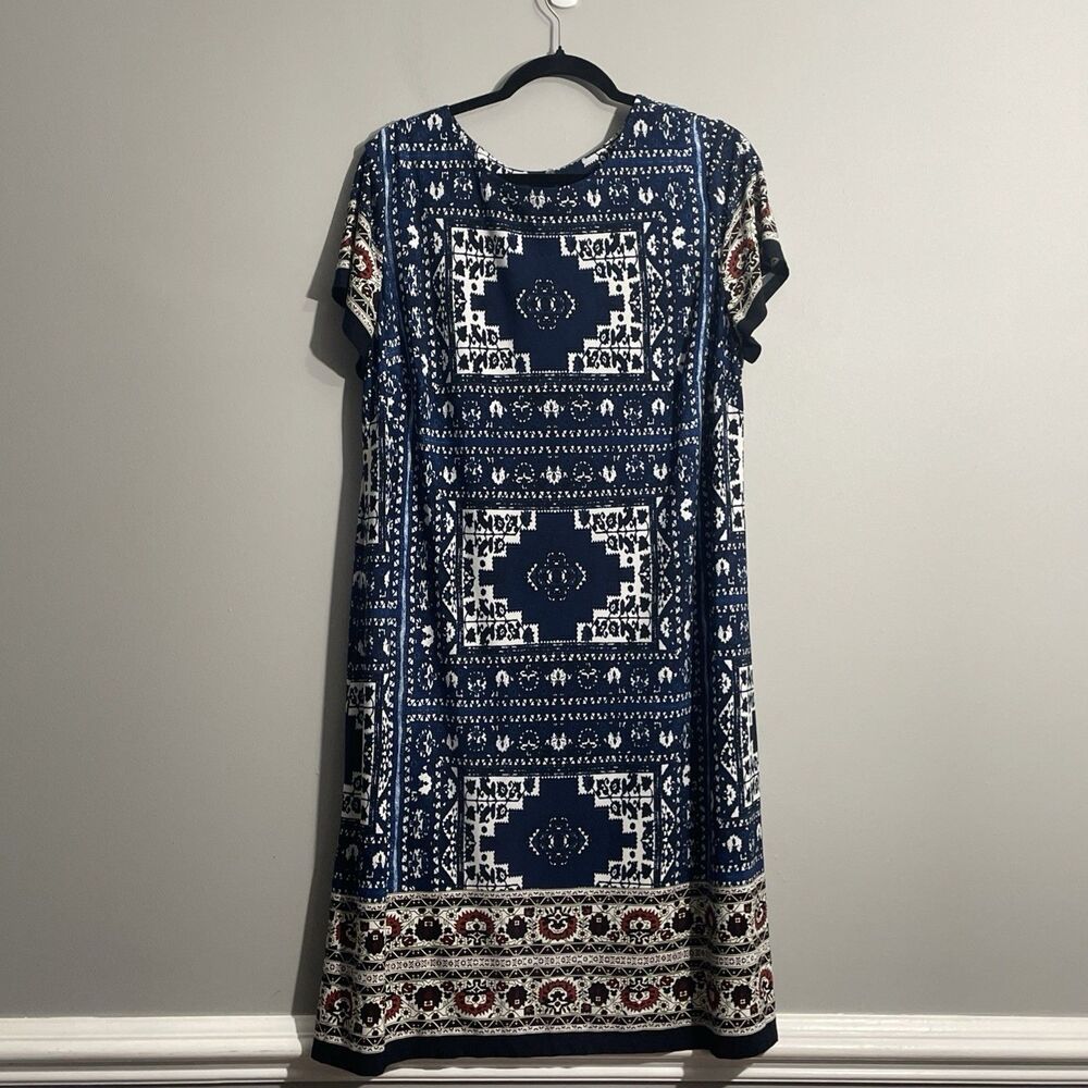 London Times Women's 2X Aztec Boho Dress Keyhole Button Closure
